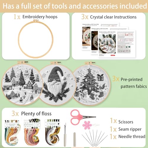 Ohcol 3 Sets Christmas Embroidery Kit,Cross Stitch Kits for Beginners,Needlepoint Kits for Adults with Easy Floral Pattern Hand Crafts,Hoop,Needle - color: Christmas