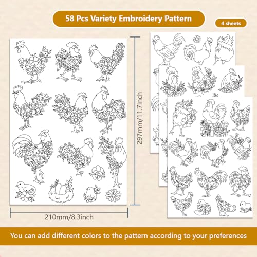 INFUNLY 58pcs Flowers and Chickens Water Soluble Embroidery Patterns Animals Plant Wash Away Stabilizer for Embroidery 4 Sheets Hand Sewing Stabilizers with Printed Rooster Patterns for Hand Crafters - color: Flowers and Chickens