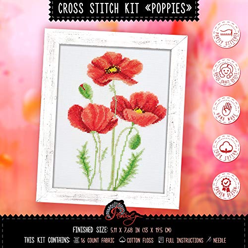 Povitrulya Counted Cross Stitch Kit “Poppies” | Poppy Wildflowers Hand Embroidery Kits for Adults | DIY Handmade Gift for Mother's Day - color: Poppies