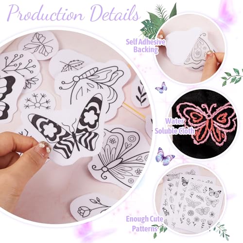 Magibeads 64 Patterns Butterfly Flower Water Soluble Embroidery Patterns Spring Theme Stick and Stitch Transfer Embroidery Paper for Adult Beginners Hand Sewing Starter Kit - color: Flower & Butterfly #2