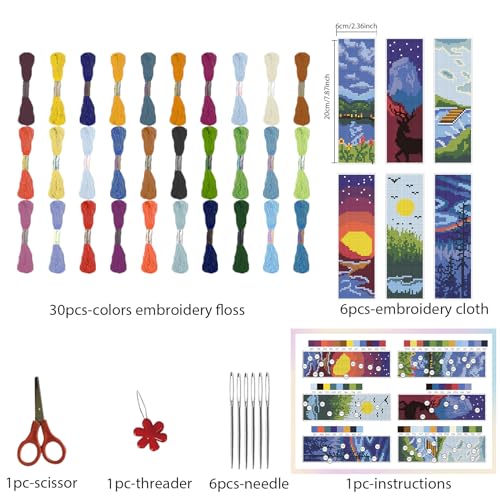 FREEBLOSS 6 Set Cross Stitch Bookmark Kit Scenery Pattern 8''x2.4'' 11CT - style: Scenery
