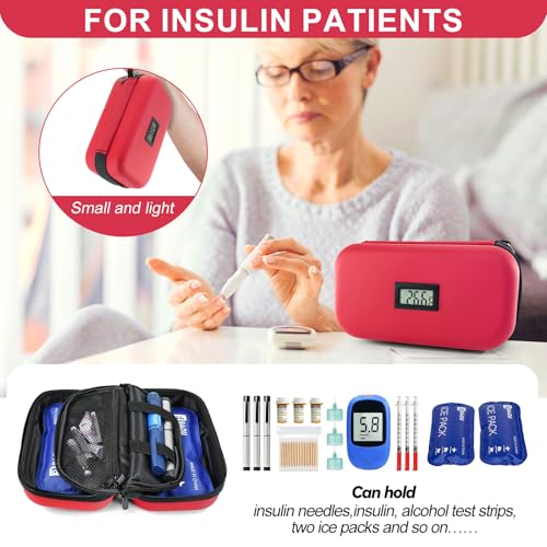 Insulin Cooler Travel Case TSA Approved 2*180g Ice Pack,Temp Display - color: Red