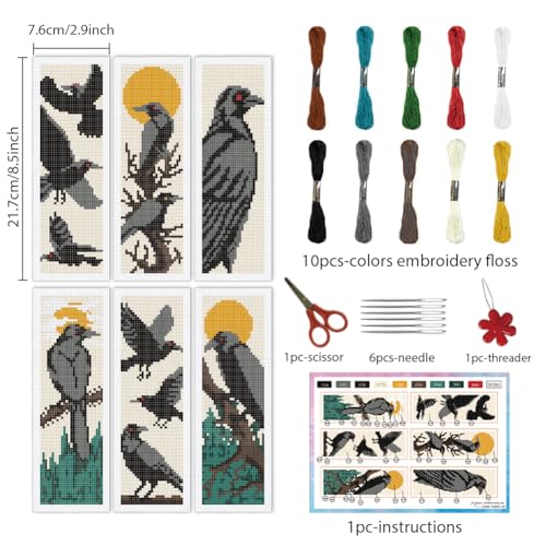INFUNLY 6 Set Halloween Cross Stitch Bookmark Kit Black Crow DIY Embroidery Bookmarks for Readers 22x8cm/8.67x3.14 Handmade Cross Stitch Bookmarks with Thread Kit Gifts for Book Lovers Adults - style: Halloween