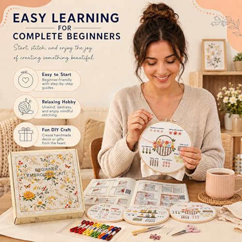 Ruyitycy Embroidery Kit for Beginners and Adults, Learn 21 Stitches with Video Tutorials, All-in-One Hand Embroidery Starter Set with Patterns, Hoop, Threads and Tools