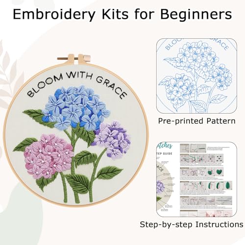 Nuberlic Hydrangea Embroidery Kits for Beginner Adults - color: Hydrangea