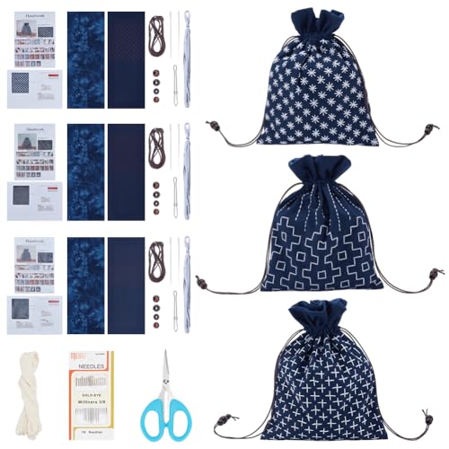 INFUNLY 3 Set Sashiko Drawstring Bag Kit DIY Sashiko Embroidery Bag Set with Printed Fabric Sewing Handbag Kits Embroidery Starter Kit Needlepoint Sewing Bags with Instruction for Beginner Adult - style: Printed design