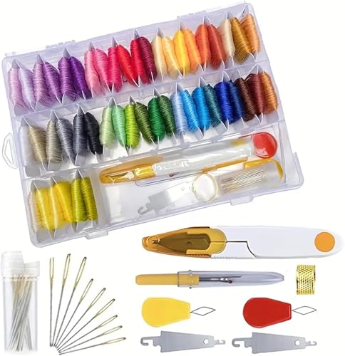 Huacan Embroidery Floss Kit with Storage Box 50 Colors Stitching Threads Sewing Kits 67 Pcs DIY Cross Stitch Accessories Set for Adults Beginner - color: 50 Color（67 Pcs）