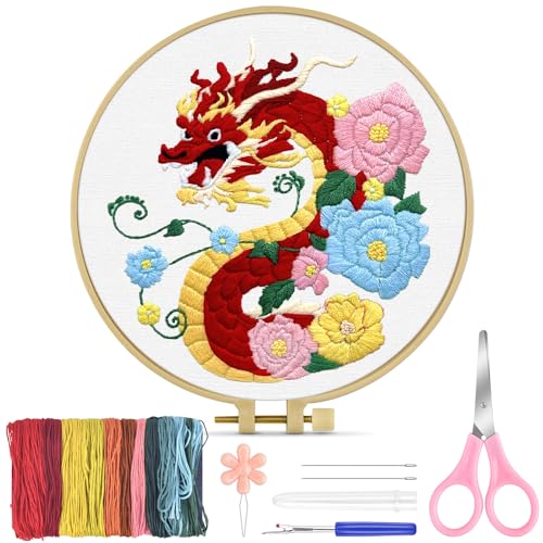 TINDTOP Embroidery Kit for Beginners Adult, Dragon Embroidery Kit for Beginners Include Embroidery Cloth Hoops Threads for Craft Lover Hand Stitch with Embroidery Skill Techniques - color: Dragon