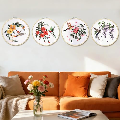 Esoes 4 Pack Embroidery kit for Beginners, Hummingbird and Flower Cross Stitch Kits with Clear Instructions,1 Embroidery Hoops,Stamped Patterns,Colorful Threads & Tools, Gifts for Crafters