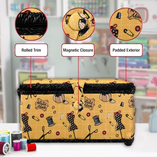 SINGER Sewing Basket, Sewing Kit with Notions, Handmade Print Design - color: Yellow Vintage Fabric