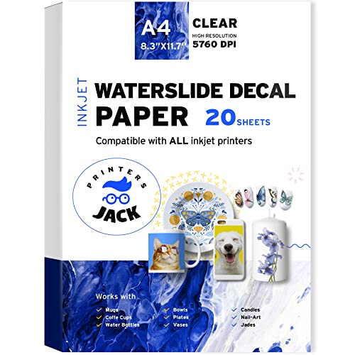 Water Slide Decal Paper Inkjet 20 Sheets A4 Size Premium Water-Slide Transfer Paper Clear Transparent Printable Water Slide Decals for Tumblers, Mugs, Glasses DIY Christmas Gift - color: Inkjet Clear, size: 20 Sheets 8.27 x 11.69 inches