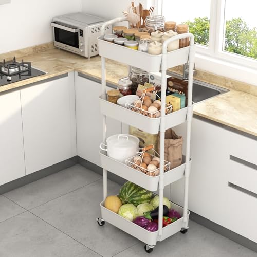 Sywhitta 4-Tier Plastic Rolling Utility Cart with Handle, Multi-Functional Storage Trolley for Office, Living Room, Kitchen, Movable Storage Organizer with Wheels, White (Pack of 2) - color: White, size: 4-tier (Pack of 2)