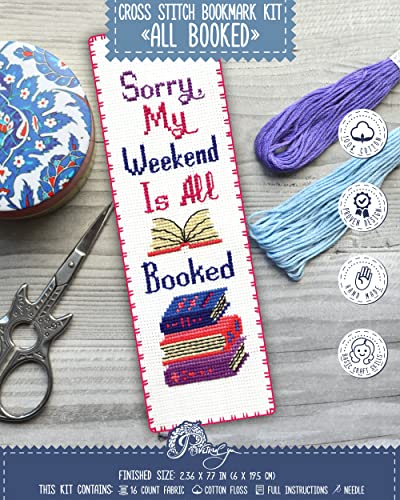 Povitrulya Sorry, My Weekend is All Booked' - Counted Cross Stitch Kit for Adults - Snarky Embroidery Set with Funny Inspirational Quote, Gifts for Reader, Book Lover, Writers - color: All booked
