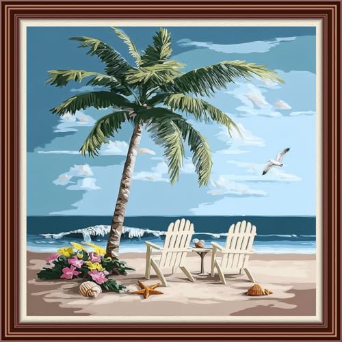 Dimensean Counted Cross Stitch Kit for Beginners, 11CT Unprinted Cross-Stitch Kit Easy Patterns Needlepoint Kit Cross Stitching Embroidery Kit Supplies-Resting Under Coconut Trees Seaside 18x18 inch - color: Patterns14