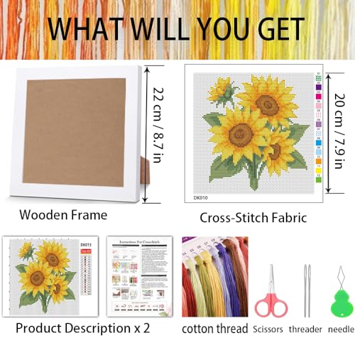 Sunflower Stamped Cross Stitch Kits for Adult Beginner with Wooden Frame - color: Sunflower Cross Stitch with Framed