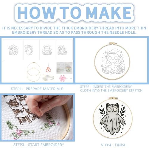 FREEBLOSS 4 Sets 11.6" Embroidery Kit for Beginners Needlepoint Embroidery Starter Kit with Halloween Stamped Patterns, Instructions, Colored Threads, 2 Hoops - style: Halloween