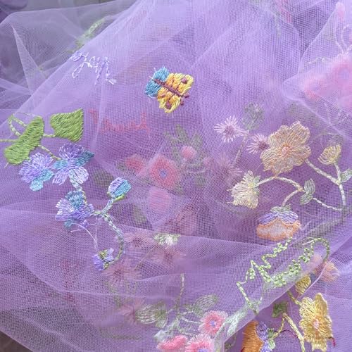 Elegant White Lace Fabric Tulle Fabric by Yard Colorful Floral Embroidery, 35x51in - Soft Tulle for DIY Dresses & Wedding Gowns, Hand Wash Only (Purple, 10 Yards (350 x 51 in)) - color: Purple, size: 10 yards (350 x 51 in)
