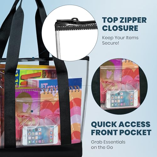 Handy Laundry Clear Tote Bag - Zipper Closure, Long Shoulder Strap, Fabric Trimming. - color: Black
