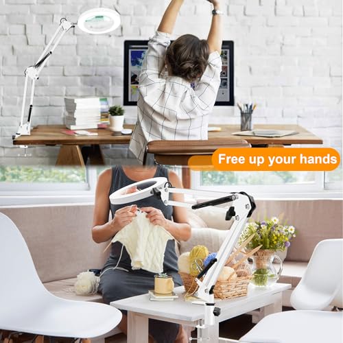 10X Magnifying Glass with Light and Stand, Magnifier with Light Hands Free, 3 Color Modes 10 Level Dimmable, Magnifying Real Glass LED Desk Lamp for Close Work, Repair, Reading, Craft, White