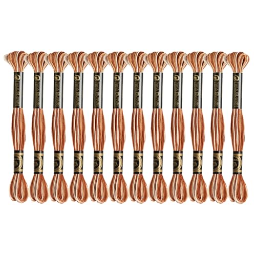 12 Skeins Embroidery Floss, Colorful Embroidery Floss 6 Strands Polyester Variegated Gradient Cross Stitch Thread for Sewing, Gradient Brown-Beige - color: Gradient Brown-Beige