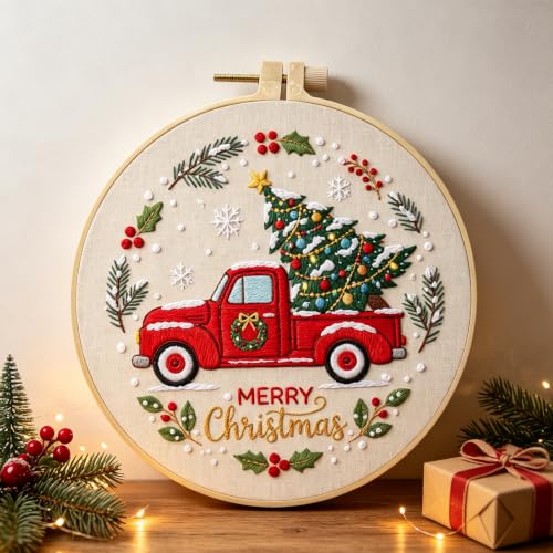 FONNUY Crewel Christmas Embroidery Kit for Beginners, Cross Stitch Set Winter Snow Scene Pine Owl Pattern for Adults, Easy to Follow Color Thread Needlework, 8'' Hoop (Tree 1) - style: Tree 1