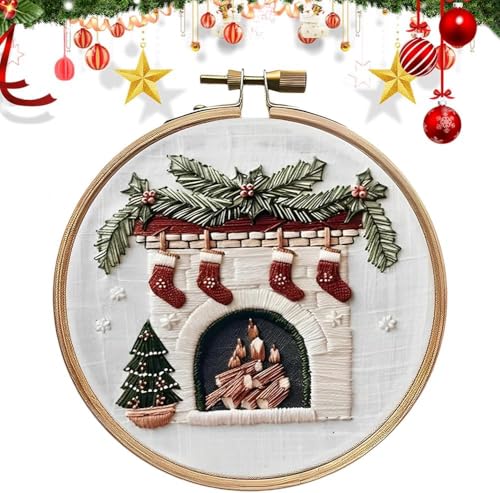 RUIQLXHANG Christmas Embroidery Kit, Christmas Gnomes Embroidery Kits for Beginners with Pattern, Cotton Threads, Needles, Instruction, 20cm Hoop, Gift for Mom, Grandma (Fireplace) - color: Fireplace
