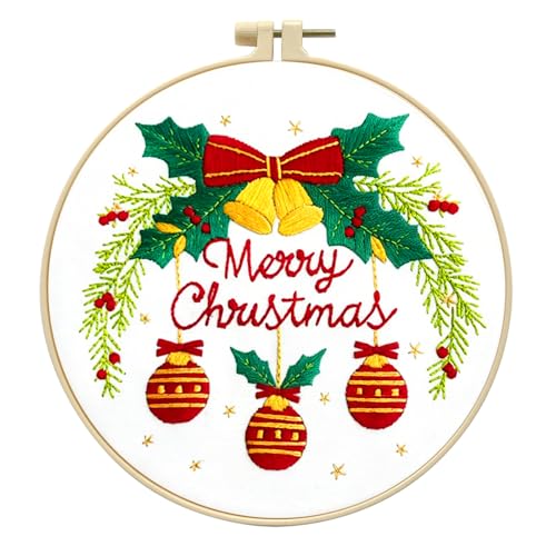 Zhenqing Merry Christmas Embroidery Kit for Beginners, Red Bells and Ornaments Craft Set with 20cm Hoop, Printed Design on 29x29cm Cotton Fabric, DIY Holiday Wall Art (C0036) - style: Christmas Bells