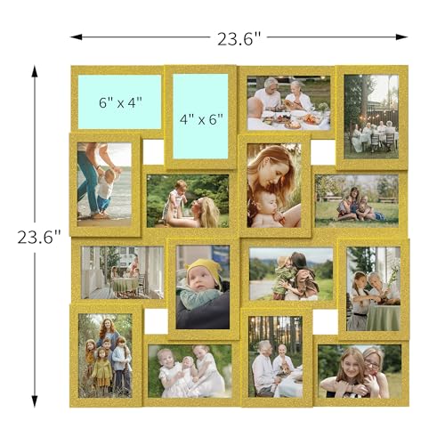 J.M.Deco Collage Picture Frames for Wall 16 Opening, Large Photo Frame Collage Wall Hanging for 4x6 Photo, Reunion Friends Family Memory, Christmas Gift - Golden - color: Golden, size: 16 Opening