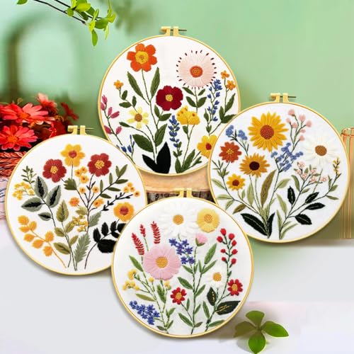 Zhenqing 4-Piece Floral Embroidery Kit for Beginners - Complete Set with Sunflower, Daisy Designs & Pre-Printed 29x29cm Cotton Fabric, Hoop, Threads & Tools(C0166) - color: C0166