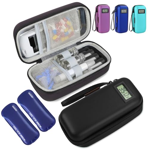 Medineed Temperature Display Insulin Travel Case, 2PCS Ice Packs, Black - color: Black