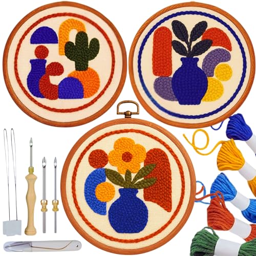Zyrose Punch Needle Kit for Beginners – Modern Embroidery Kit with Printed Fabric, Non-Slip Hoop, Merino Yarn, 3 Needles – Boho Craft Kit for Adults & DIY Gifts (Boho Abstract) - style: BOHO abstract