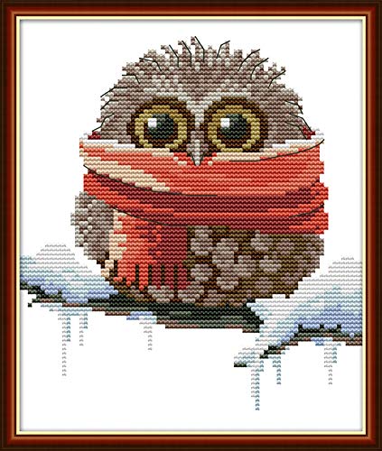 Awesocrafts Cross Stitch Kits, Owl Scarf Cute Christmas Winter Easy Patterns Cross Stitching Embroidery Kit Supplies, Stamped or Counted (Stamped) - size: Stamped