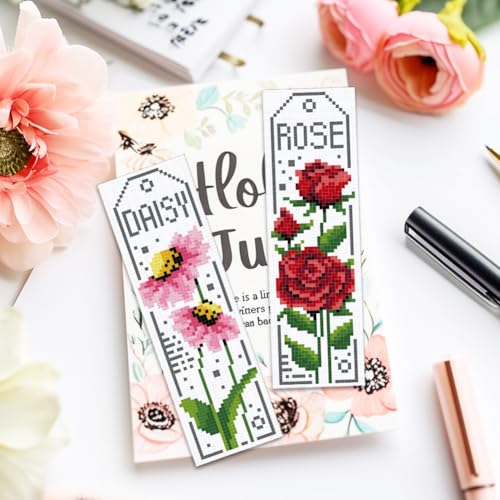 ACRNIGHEET 6PCS Cross Stitch Bookmark Kits for Beginner Flower Crossstitch Kits Adult Rose Daisy Lily Stamped Embroidery Bookmarks with Accessories for Adults Craft Gift 11CT - style: Floral patterns 2