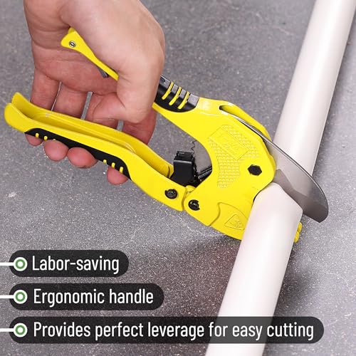 Bates- PVC Pipe Cutter, Cuts up to 1-5/8", Ratchet Pipe Cutter, PEX Cutting Tool for Cutting PEX, PVC, PPR Plastic Hoses and Plumbing Pipes, Black & Yellow - color: Black & Yellow