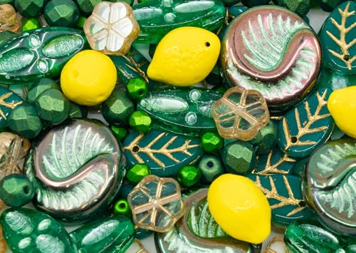 2.1oz (60g) of Focal Czech Glass Bead Mix with Lemon Shaped Beads, Seashel Beads and Leaf Beads, Emerald - color: Green Emerald Mix