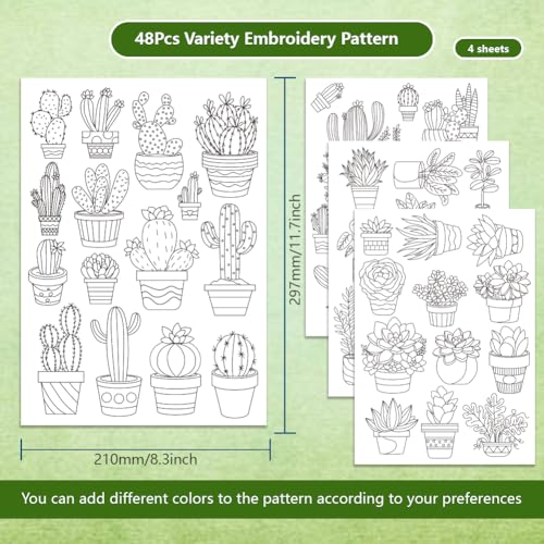 BENECREAT 4Sheets 48Pcs Potted Plants Water Soluble Embroidery, 11.7x8.3inch Cactus Succulents Stick and Stitch Embroidery Paper Stabilizer Water Soluble Hand Sewing for Shirts, Coats, Bags - color: Potted Plants