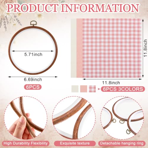 Tudomro 12 Pcs Decorative Embroidery Hoop and Fabric Set 6.7" Round Imitated Wood Cross Stitch Frame & 11.8" Pink Pre-Cut Cloth Squares for DIY Art Craft Sewing Hanging Ornament - color: Pink