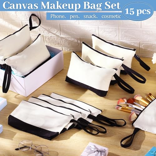Silkfly 15 Pcs Cotton Canvas Makeup Bags Cosmetic Zipper Bags 10.2 x 5.5 x 2'' Blank DIY Pouch Bulk Pencil Case with Bottom Travel Toiletry Pouch for Women Craft Decor Gift (Classic Color) - color: Classic Color