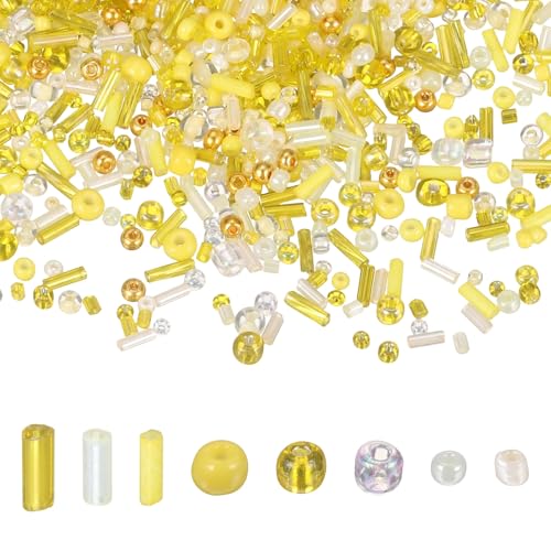 MECCANIXITY 5000 Pcs Mixed Glass Seed Beads, 1.5-6mm Mini Loose Glass Bugle Spacer Bead Embroidery Beads for DIY Craft Projects Earrings Necklaces Bracelets Jewelry Making, Yellow - color: Yellow
