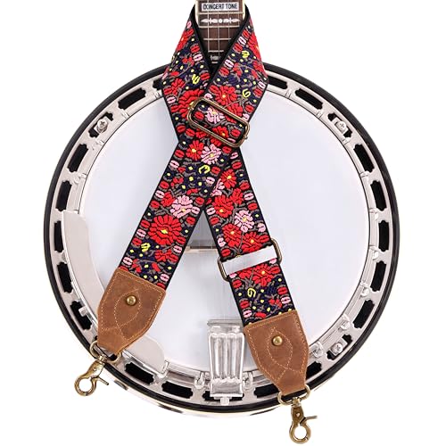 Nefelibata Banjo Strap,2"Wide Double Crazy Horse Leather Jacquard Embroidery Strap Adjustable Replacement,Multi-pattern Strap With Metal Clips - color: A#-pink Embroidery