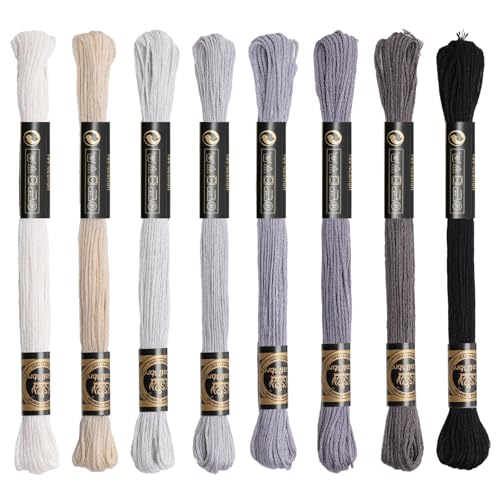 8 Skeins Cotton Embroidery Floss, 8.75yds for Hand Embroidery（Black&White&Grey） - color: Black&White&Grey