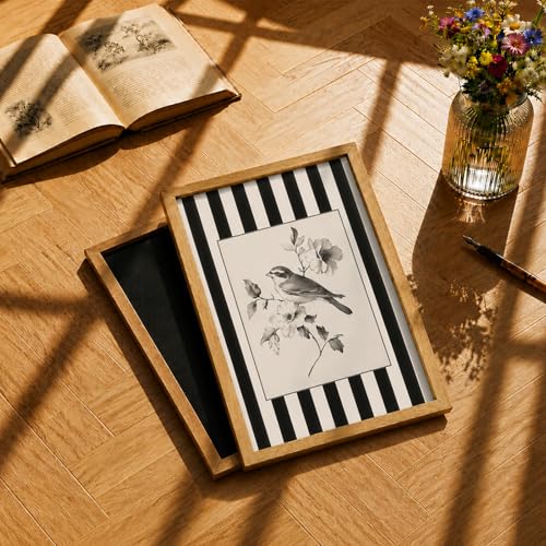 Framed Black and White Striped Flower Bird Sketch Wall Art Bathroom Decor - color: Bird Flower, size: 10"L x 8"W