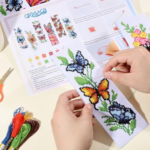 ORIGACH 6 Set Butterfly & Flower Cross Stitch Bookmark Kit for Beginner - style: Butterflies
