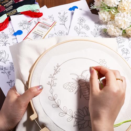 GLOBLELAND Canvas Tote Bag Embroidery Kit with 2 Pcs Storage Bag 1pc Embroidery Hoop 18 Pcs Embroidery Needles 4 Sheets Bee Butterfly Water-Soluble Embroidery Stabilizers 24 Pcs Threads