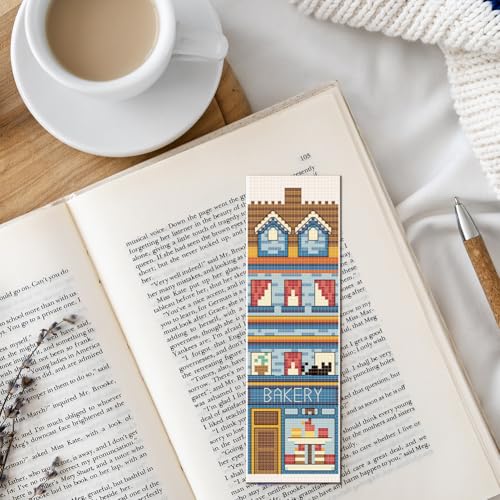 FREEBLOSS 6 Set Cross Stitch Bookmark Kits 11CT 8"x2.4" Street View - style: Bookstore house