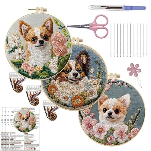 HCANPER Cute Dog Embroidery Starter Kit,DIY Needle Punch Kit, Punch Needle Kits for Beginners,Include Pre-Printed Fabric,Tools,Embroidery Hoop,Threads,Easy for Adults and Children. (Pink) - color: Pink