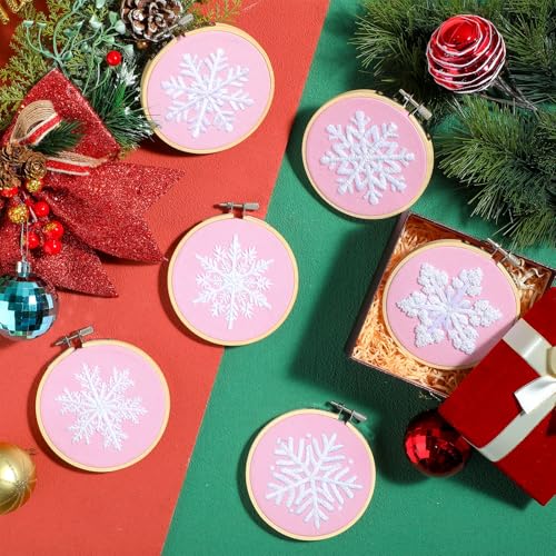 Roowest 6 Sets Christmas Embroidery Kits Snowflake Ornament DIY,Pink - color: Pink