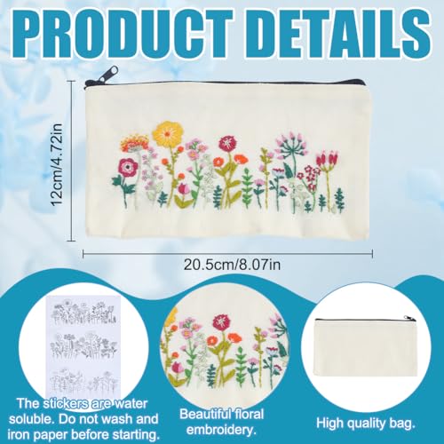 WEBEEDY 3 Sets Embroidery Pouch Making Kit DIY Floral Pouch Cosmetic Bag Embroidery Kit Include Stamped Flower Pattern, Hoop, Threads, Needles for Beginners Christmas Mother's Day Stitchwork Gift