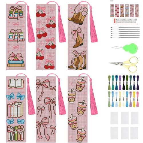 KYOQFVN 6 Pcs Pink Cross Stitch Bookmark Kit for Beginner, 14 CT Bow Stamped Cross Stitch Kits, Stamped Embroidery Bookmark Kit with Instructions Hand Craft - color: SQSZX-007-US