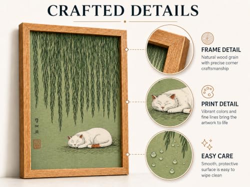 Wood Framed Japanese Vintage Sleeping Cat Wall Art for Bathroom Wall Decor - color: Japanese Cat, size: 10"L x 8"W